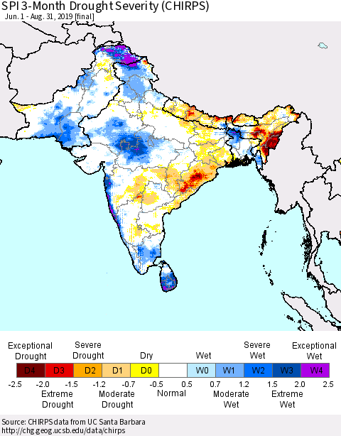 Southern Asia SPI 3-Month Drought Severity (CHIRPS) Thematic Map For 6/1/2019 - 8/31/2019