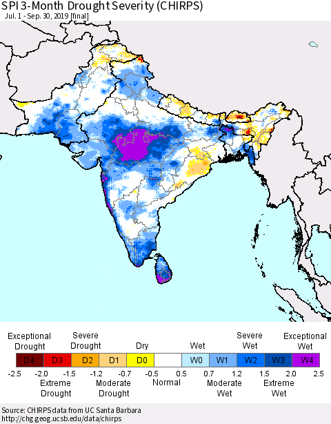 Southern Asia SPI 3-Month Drought Severity (CHIRPS) Thematic Map For 7/1/2019 - 9/30/2019