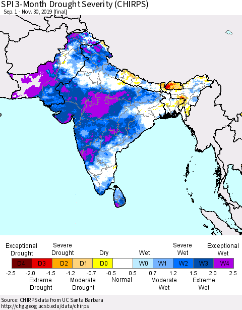 Southern Asia SPI 3-Month Drought Severity (CHIRPS) Thematic Map For 9/1/2019 - 11/30/2019