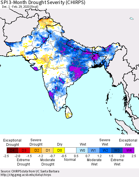 Southern Asia SPI 3-Month Drought Severity (CHIRPS) Thematic Map For 12/1/2019 - 2/29/2020