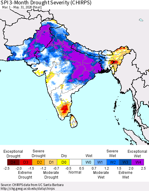 Southern Asia SPI 3-Month Drought Severity (CHIRPS) Thematic Map For 3/1/2020 - 5/31/2020