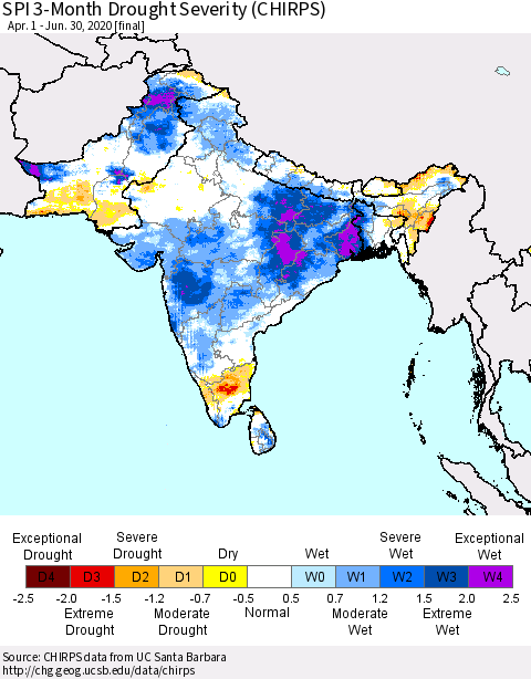 Southern Asia SPI 3-Month Drought Severity (CHIRPS) Thematic Map For 4/1/2020 - 6/30/2020
