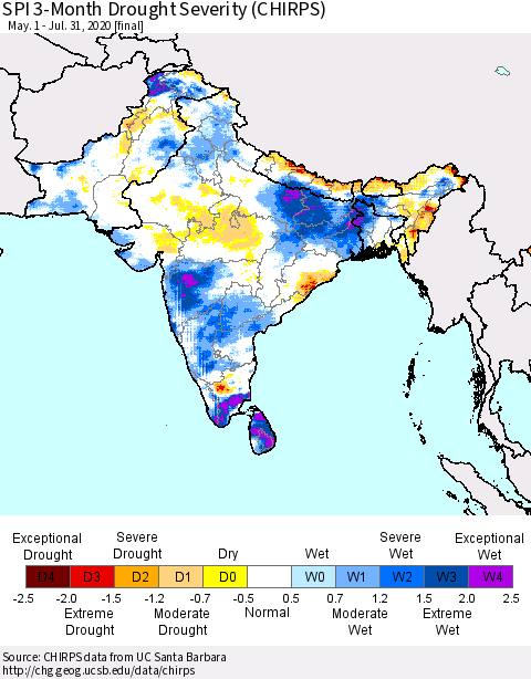 Southern Asia SPI 3-Month Drought Severity (CHIRPS) Thematic Map For 5/1/2020 - 7/31/2020