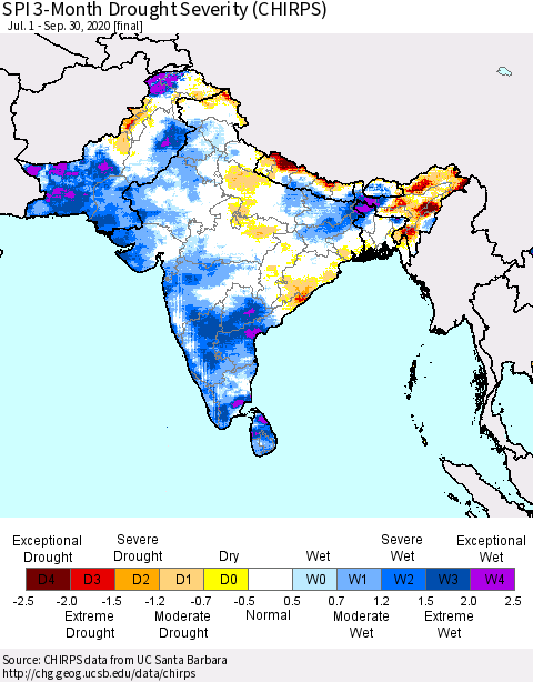 Southern Asia SPI 3-Month Drought Severity (CHIRPS) Thematic Map For 7/1/2020 - 9/30/2020