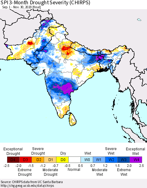 Southern Asia SPI 3-Month Drought Severity (CHIRPS) Thematic Map For 9/1/2020 - 11/30/2020