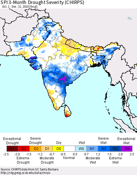 Southern Asia SPI 3-Month Drought Severity (CHIRPS) Thematic Map For 10/1/2020 - 12/31/2020