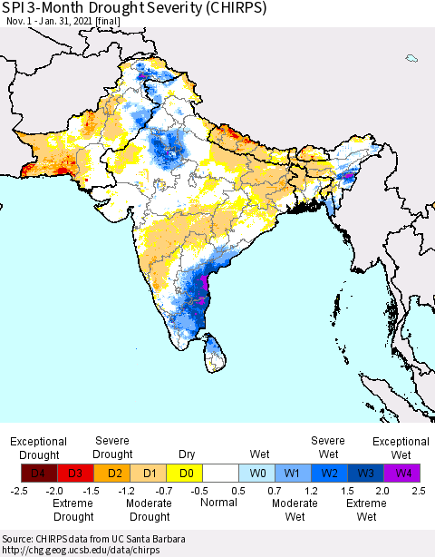 Southern Asia SPI 3-Month Drought Severity (CHIRPS) Thematic Map For 11/1/2020 - 1/31/2021