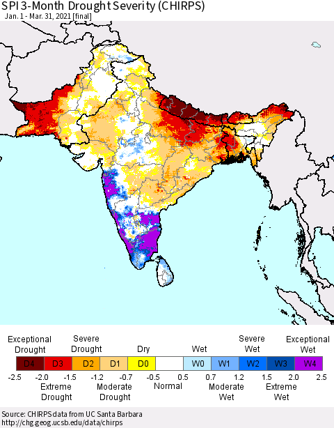 Southern Asia SPI 3-Month Drought Severity (CHIRPS) Thematic Map For 1/1/2021 - 3/31/2021