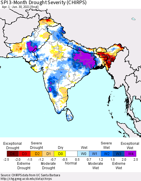 Southern Asia SPI 3-Month Drought Severity (CHIRPS) Thematic Map For 4/1/2021 - 6/30/2021