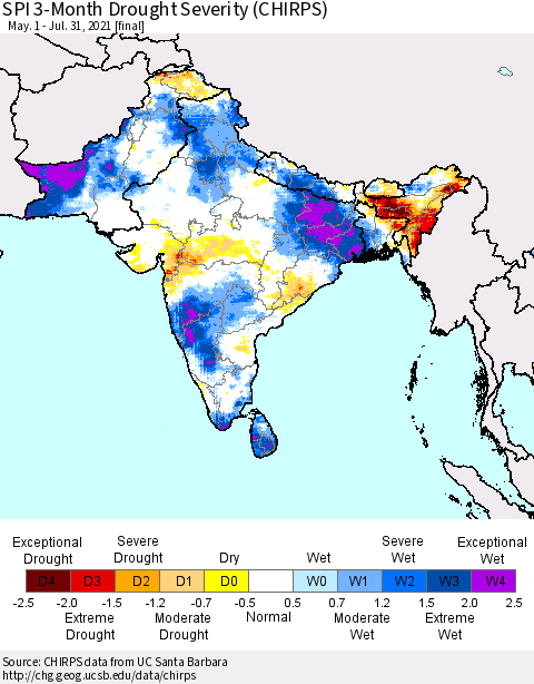 Southern Asia SPI 3-Month Drought Severity (CHIRPS) Thematic Map For 5/1/2021 - 7/31/2021