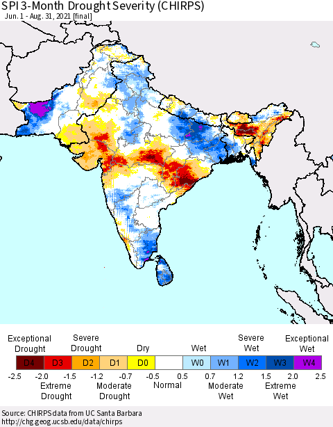 Southern Asia SPI 3-Month Drought Severity (CHIRPS) Thematic Map For 6/1/2021 - 8/31/2021