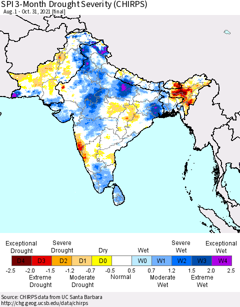 Southern Asia SPI 3-Month Drought Severity (CHIRPS) Thematic Map For 8/1/2021 - 10/31/2021