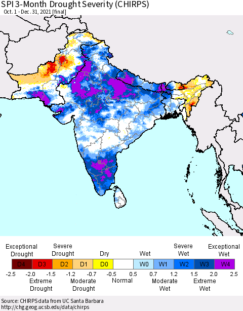 Southern Asia SPI 3-Month Drought Severity (CHIRPS) Thematic Map For 10/1/2021 - 12/31/2021