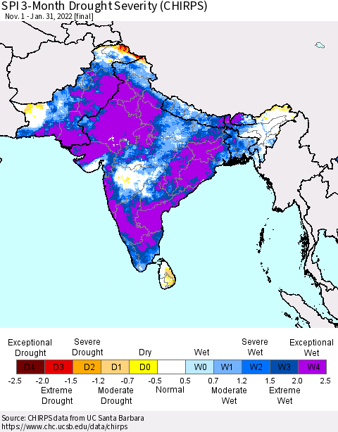 Southern Asia SPI 3-Month Drought Severity (CHIRPS) Thematic Map For 11/1/2021 - 1/31/2022