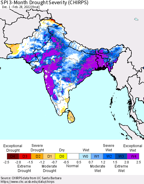 Southern Asia SPI 3-Month Drought Severity (CHIRPS) Thematic Map For 12/1/2021 - 2/28/2022
