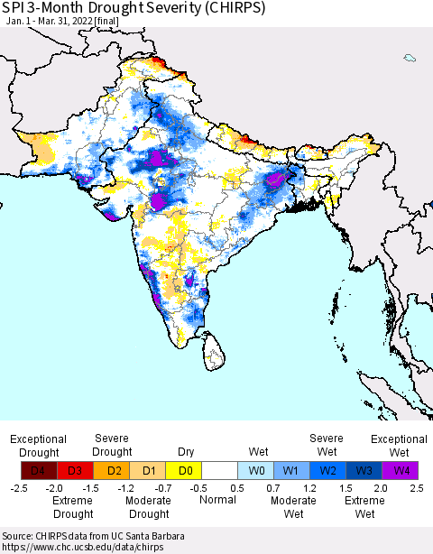 Southern Asia SPI 3-Month Drought Severity (CHIRPS) Thematic Map For 1/1/2022 - 3/31/2022