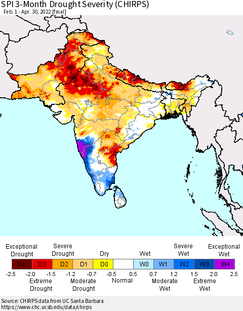 Southern Asia SPI 3-Month Drought Severity (CHIRPS) Thematic Map For 2/1/2022 - 4/30/2022