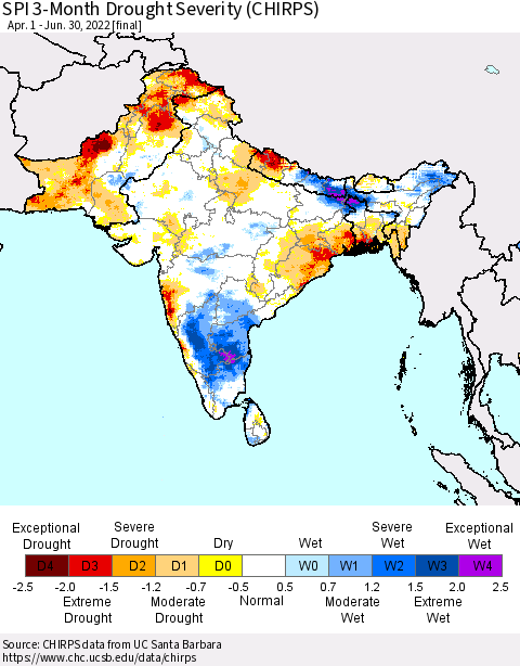 Southern Asia SPI 3-Month Drought Severity (CHIRPS) Thematic Map For 4/1/2022 - 6/30/2022