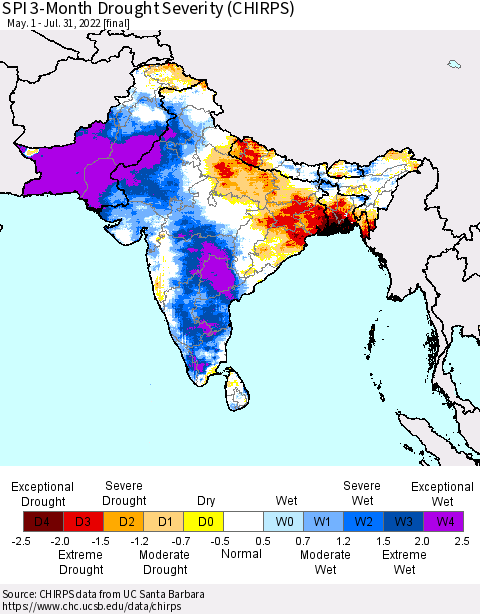 Southern Asia SPI 3-Month Drought Severity (CHIRPS) Thematic Map For 5/1/2022 - 7/31/2022