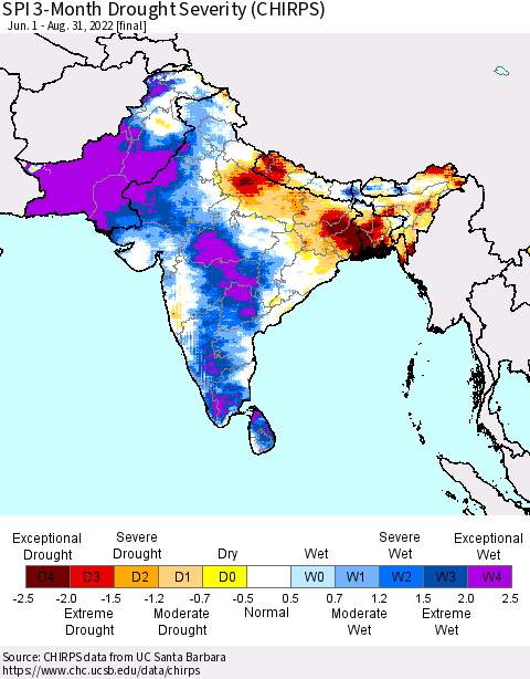 Southern Asia SPI 3-Month Drought Severity (CHIRPS) Thematic Map For 6/1/2022 - 8/31/2022
