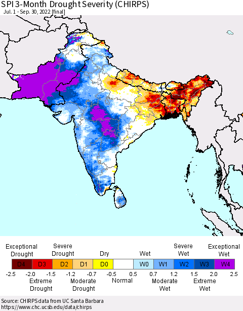 Southern Asia SPI 3-Month Drought Severity (CHIRPS) Thematic Map For 7/1/2022 - 9/30/2022
