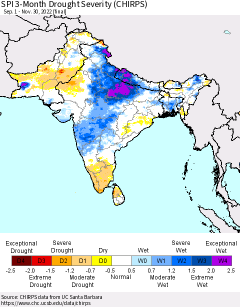 Southern Asia SPI 3-Month Drought Severity (CHIRPS) Thematic Map For 9/1/2022 - 11/30/2022