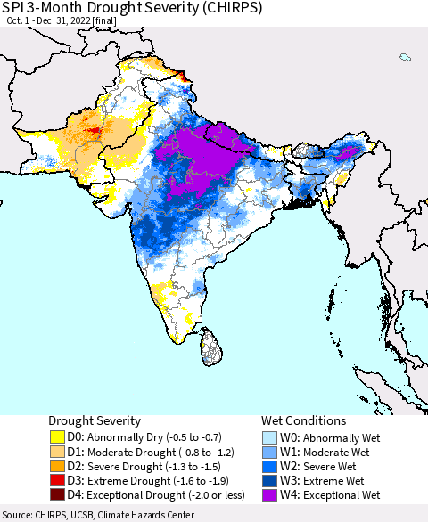 Southern Asia SPI 3-Month Drought Severity (CHIRPS) Thematic Map For 10/1/2022 - 12/31/2022