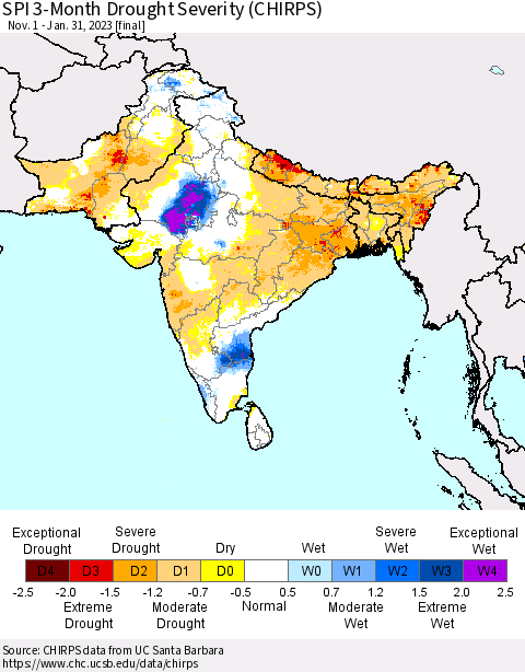 Southern Asia SPI 3-Month Drought Severity (CHIRPS) Thematic Map For 11/1/2022 - 1/31/2023