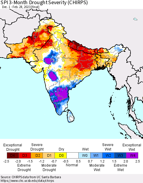 Southern Asia SPI 3-Month Drought Severity (CHIRPS) Thematic Map For 12/1/2022 - 2/28/2023