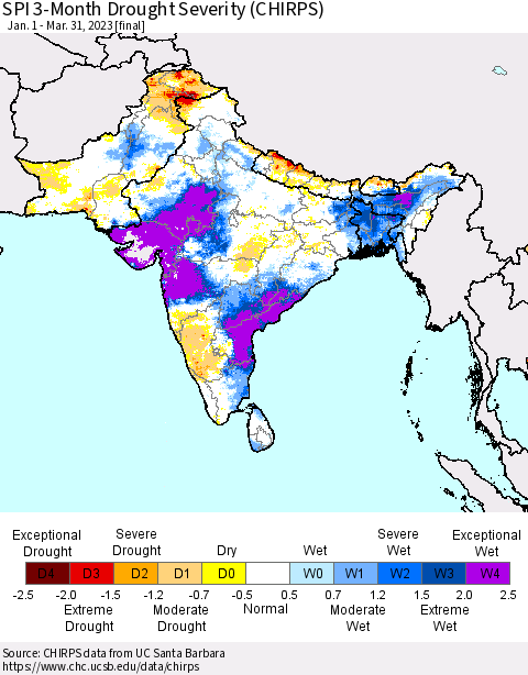 Southern Asia SPI 3-Month Drought Severity (CHIRPS) Thematic Map For 1/1/2023 - 3/31/2023
