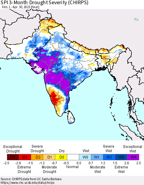 Southern Asia SPI 3-Month Drought Severity (CHIRPS) Thematic Map For 2/1/2023 - 4/30/2023