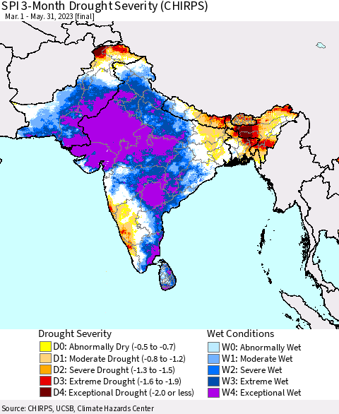 Southern Asia SPI 3-Month Drought Severity (CHIRPS) Thematic Map For 3/1/2023 - 5/31/2023