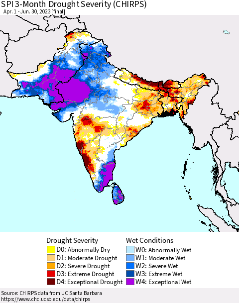 Southern Asia SPI 3-Month Drought Severity (CHIRPS) Thematic Map For 4/1/2023 - 6/30/2023
