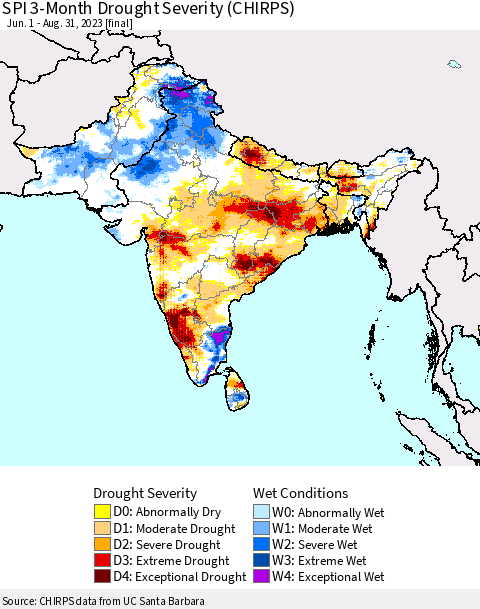 Southern Asia SPI 3-Month Drought Severity (CHIRPS) Thematic Map For 6/1/2023 - 8/31/2023