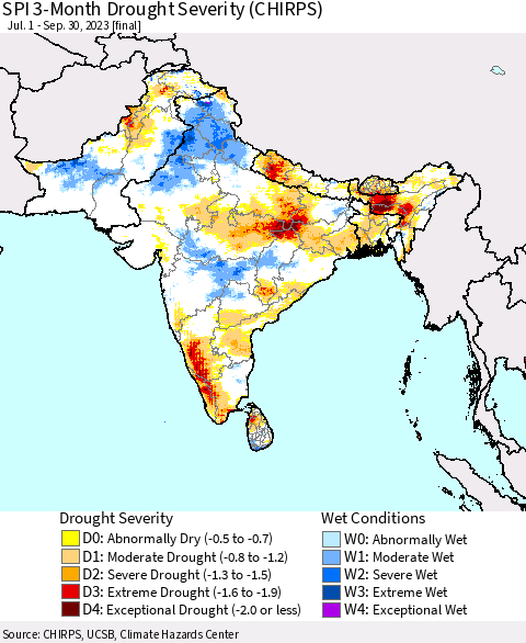 Southern Asia SPI 3-Month Drought Severity (CHIRPS) Thematic Map For 7/1/2023 - 9/30/2023