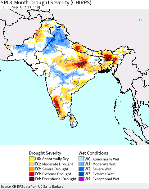 Southern Asia SPI 3-Month Drought Severity (CHIRPS) Thematic Map For 7/1/2023 - 9/30/2023