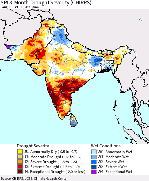 Southern Asia SPI 3-Month Drought Severity (CHIRPS) Thematic Map For 8/1/2023 - 10/31/2023