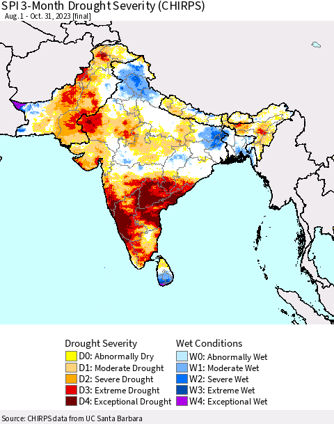 Southern Asia SPI 3-Month Drought Severity (CHIRPS) Thematic Map For 8/1/2023 - 10/31/2023