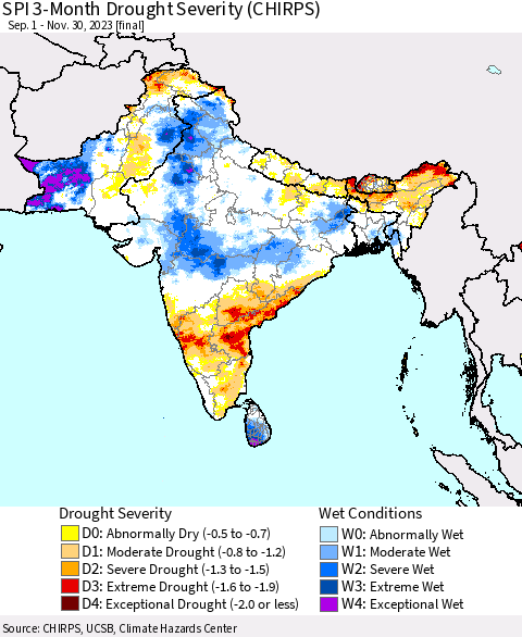 Southern Asia SPI 3-Month Drought Severity (CHIRPS) Thematic Map For 9/1/2023 - 11/30/2023