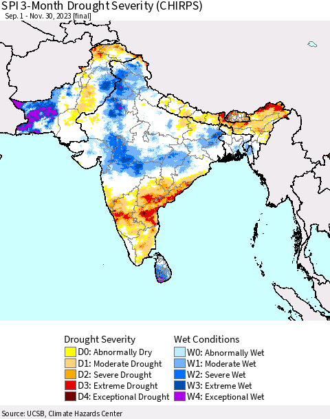 Southern Asia SPI 3-Month Drought Severity (CHIRPS) Thematic Map For 9/1/2023 - 11/30/2023