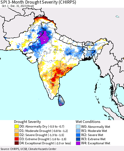 Southern Asia SPI 3-Month Drought Severity (CHIRPS) Thematic Map For 10/1/2023 - 12/31/2023