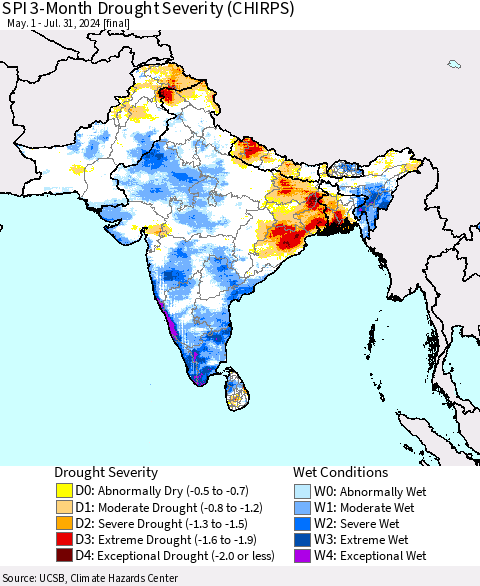 Southern Asia SPI 3-Month Drought Severity (CHIRPS) Thematic Map For 5/1/2024 - 7/31/2024