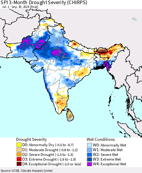 Southern Asia SPI 3-Month Drought Severity (CHIRPS) Thematic Map For 7/1/2024 - 9/30/2024