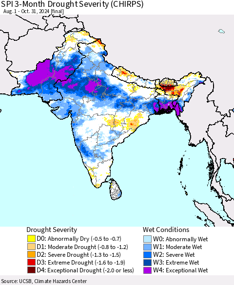 Southern Asia SPI 3-Month Drought Severity (CHIRPS) Thematic Map For 8/1/2024 - 10/31/2024