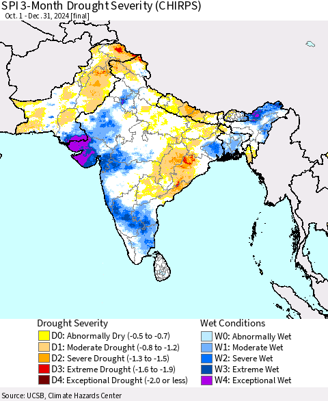 Southern Asia SPI 3-Month Drought Severity (CHIRPS) Thematic Map For 10/1/2024 - 12/31/2024