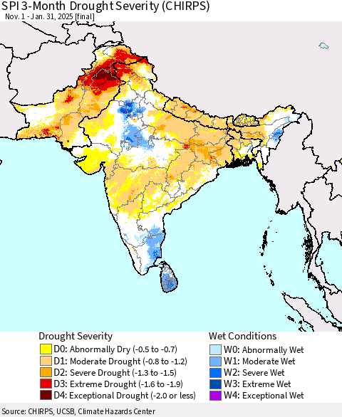 Southern Asia SPI 3-Month Drought Severity (CHIRPS) Thematic Map For 11/1/2024 - 1/31/2025