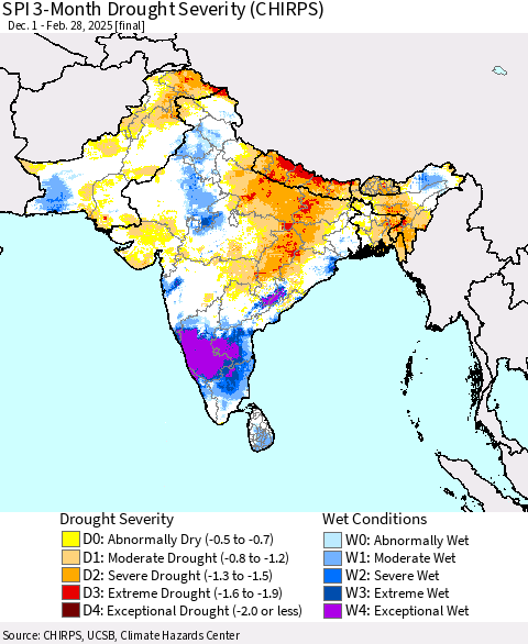 Southern Asia SPI 3-Month Drought Severity (CHIRPS) Thematic Map For 12/1/2024 - 2/28/2025