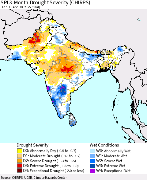 Southern Asia SPI 3-Month Drought Severity (CHIRPS) Thematic Map For 2/1/2025 - 4/30/2025