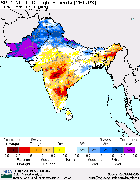 Southern Asia SPI 6-Month Drought Severity (CHIRPS) Thematic Map For 10/1/2018 - 3/31/2019