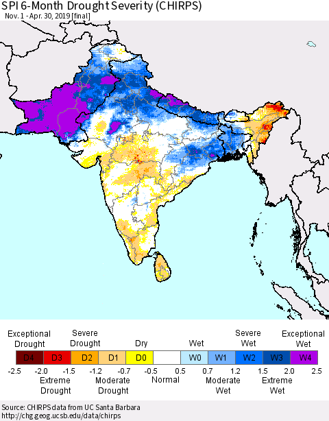 Southern Asia SPI 6-Month Drought Severity (CHIRPS) Thematic Map For 11/1/2018 - 4/30/2019